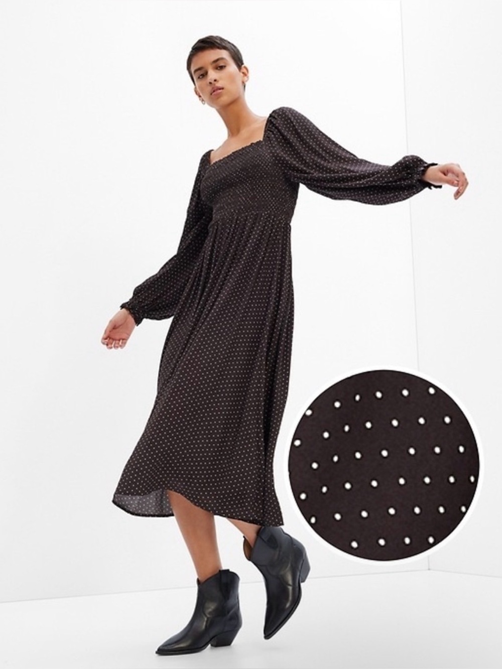 GAP Black Midi Dress with White Polka Dots